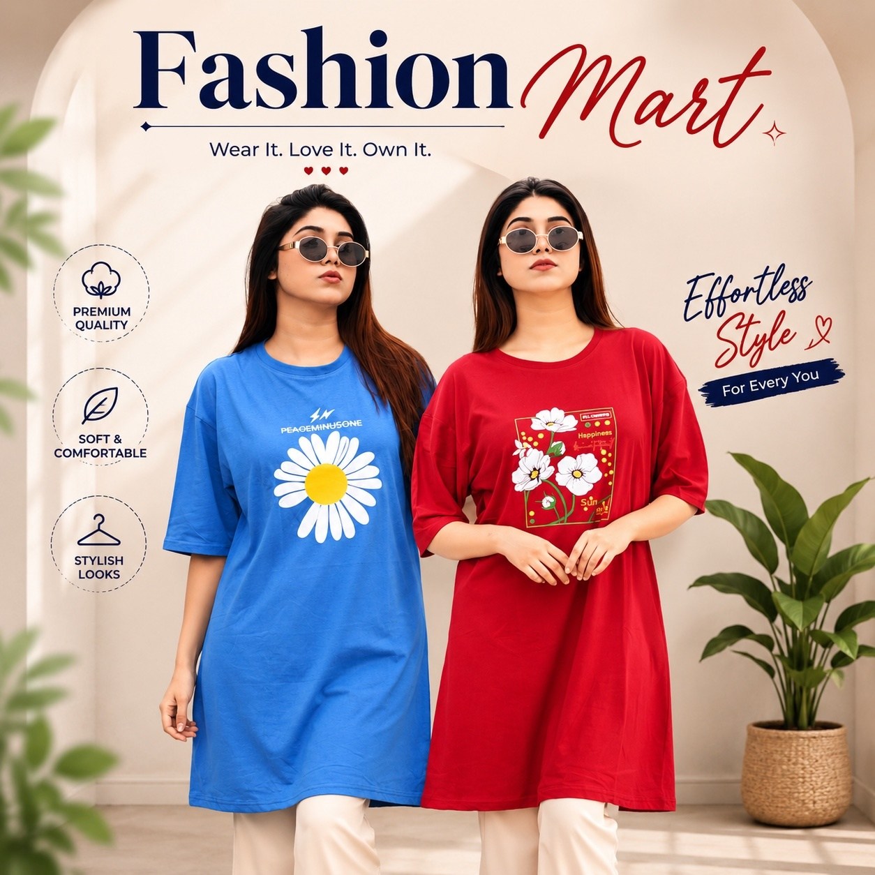 2 Pis Long T-Shirt Combo (Sunny Days Merun // Flower Light Blue)